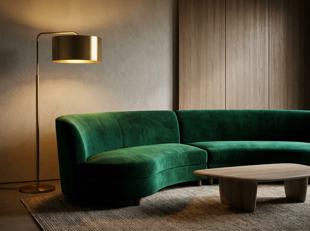 Изумрудный бархатный диван в интерьере итальянского стиля