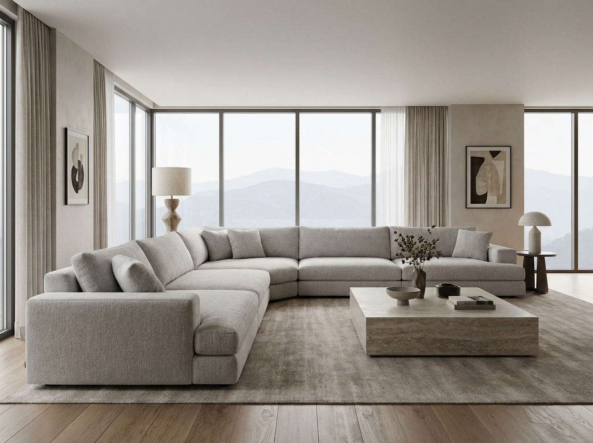 Просторная гостиная с большим угловым диваном и панорамным видом